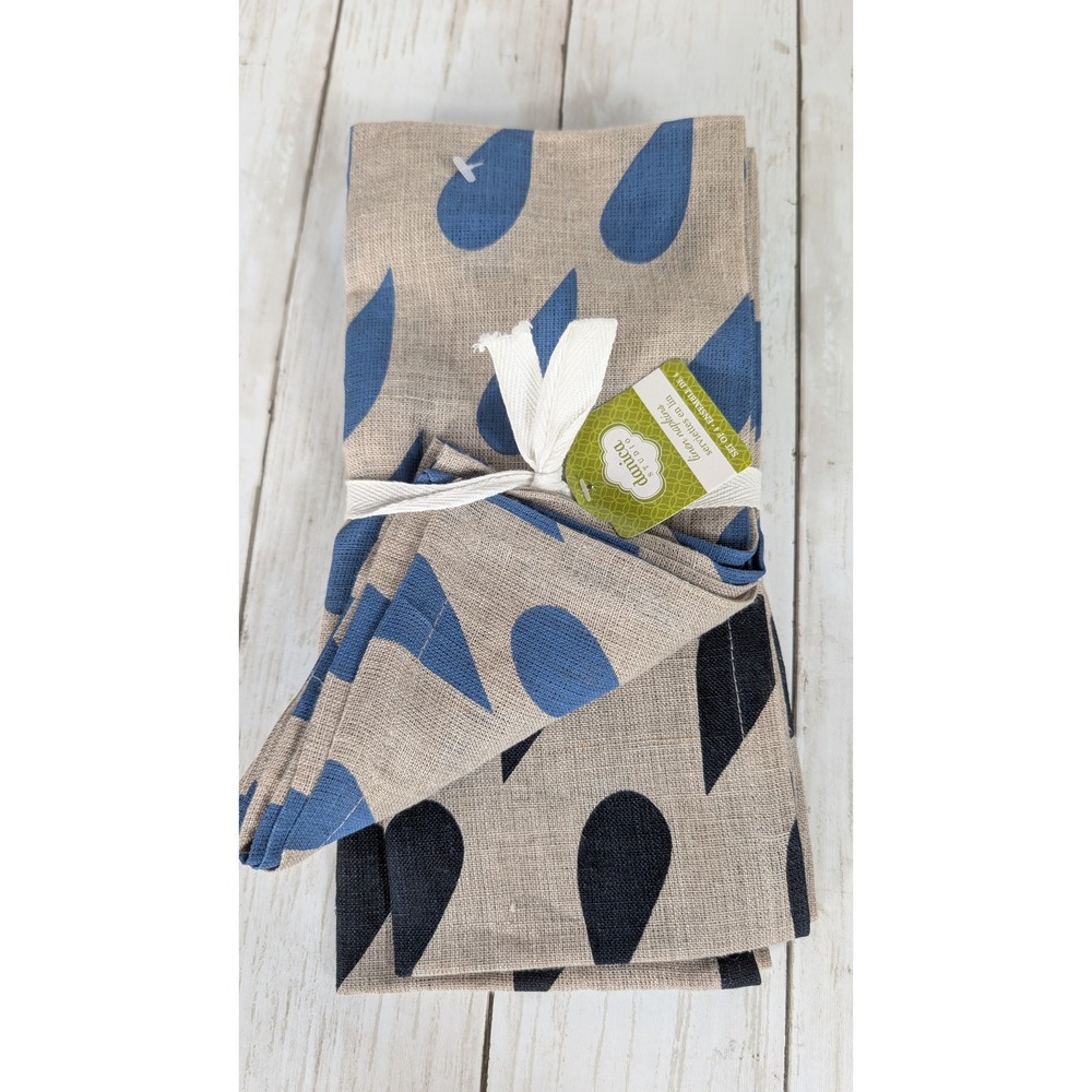 Danica Studio Linen Napkins Unisex 20x20 Blue Black Raindrops Set of 4 NWT